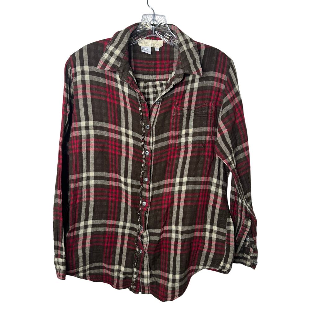 The Territory Ahead Plaid Shirt Women’s Small Brown Red 100% Cotton Button Front